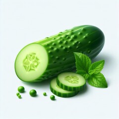 Invigorating display of fresh cucumber with mint leaves against light background