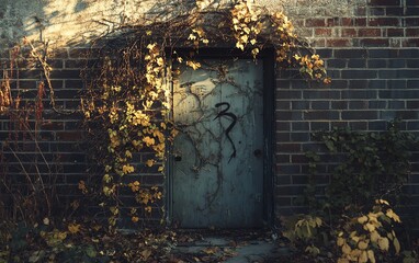 Overgrown ivy clings to an old, weathered door set within a crumbling brick wall.  A sense of mystery and decay pervades the scene.