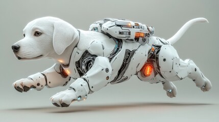 White Robotic Dog Running on Grey Background