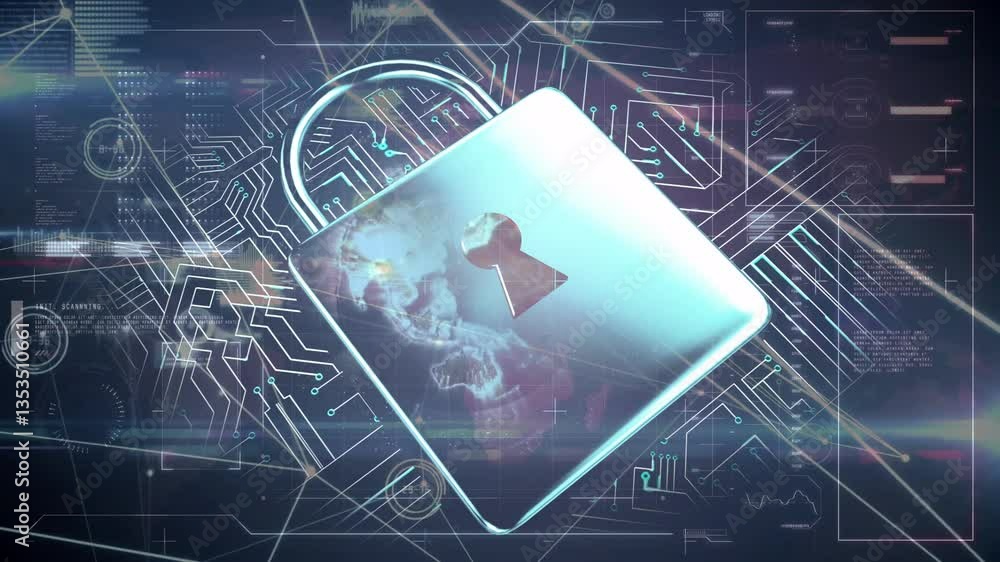 Poster digital security concept with futuristic padlock and circuit board background design