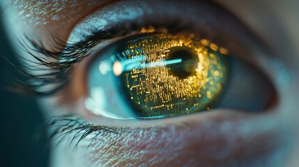 eye Data Visualization Human eye reflecting digital code and data visualizations, futuristic technology theme