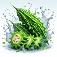 Vibrant bitter melons embraced by a refreshing splash of pristine water