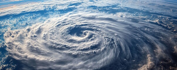 Aerial view of a powerful cyclone swirling over the ocean. Dramatic cloudscape showing the immense power of nature. Perfect for weather, climate change, or environmental themes.