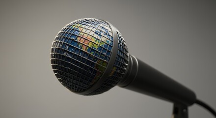 Global voice speaking out microphone with world map on stage for speech