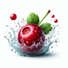 Vibrant cranberry bursts with refreshing water splash against a pristine background