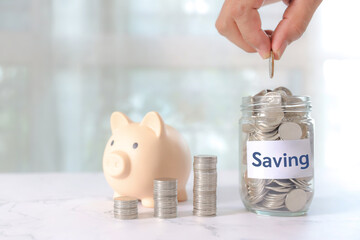 Hand holding coin in saving piggy bank with coins stack in graph for save or money savings plan...