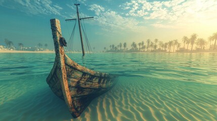 Abandoned Wooden Boat in Serene Tropical Waters Under Blue Sky with Palm Trees in Background