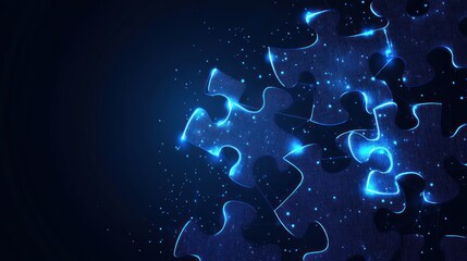 Abstract puzzle pieces, glowing, digital, technology background