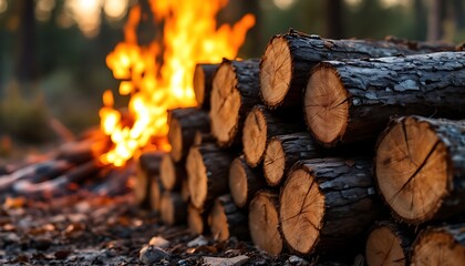 Stacked Firewood Logs with a Blazing Campfire Background: Rustic Warmth