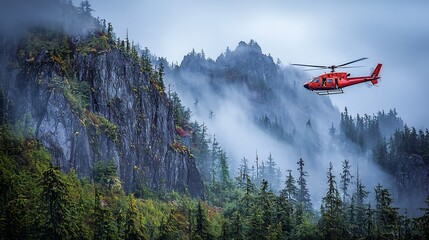 Red helicopter flying through foggy mountains.