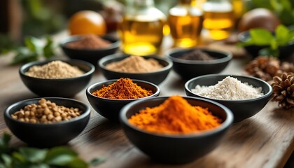 Diverse Spices and Herbs in Bowls on Wooden Table Ready for Cooking