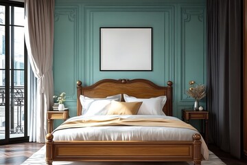Elegant bedroom with wooden bed frame against teal wall