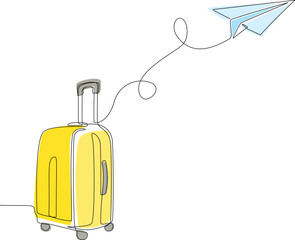 Single line drawing of Suitcase with Paper plane flying up and lettering in line art style. Continuous one line travel drawing of yellow case, luggage bag with wheels Editable stroke vector