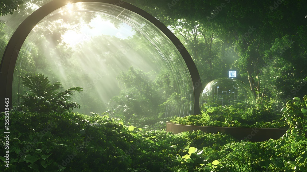 Poster Lush green environment with sunlight filtering through an arch, creating a serene atmosphere.