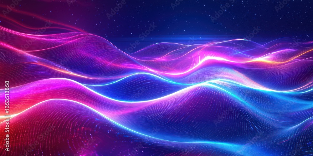Poster a sci-fi landscape with rolling waves of pulsating neon light