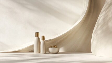 Cream bottles on draped fabric backdrop; beauty product display; studio shot
