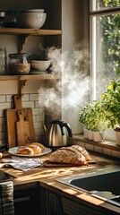A kitchen scene features bread steam and warm natural light