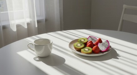 A clean and minimalist table arrangement featuring a ceramic plate with kiwi slices, dragon fruit, and strawberries