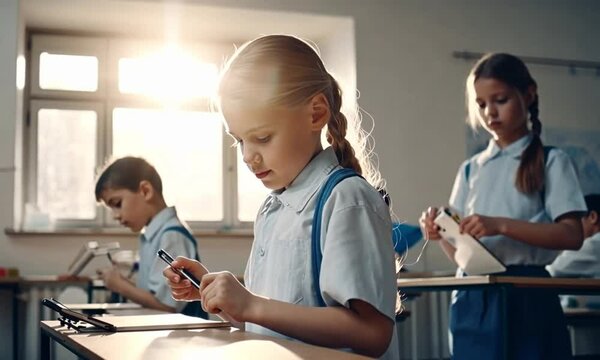 School children in uniforms engaged in a classroom learning activity. - Powered by Adobe