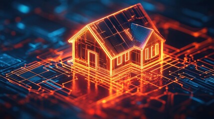 Digital House on Circuit Board: Glowing Orange and Blue Network