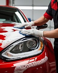 Shiny red car being professionally washed with foam and scrubbed by a worker in gloves. Car detailing and cleaning service concept in a garage or auto workshop setting.


