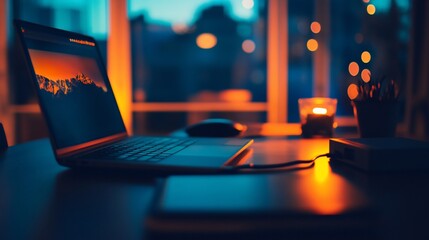 Night Workspace: Laptop with Mountain Scene, Warm Lighting