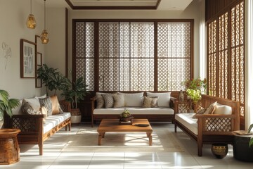 Sun-drenched Asian-style living room interior