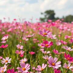 Obraz premium Vast field of pink cosmos flowers swaying gently in the breeze, petal, flower wallpaper, elegant