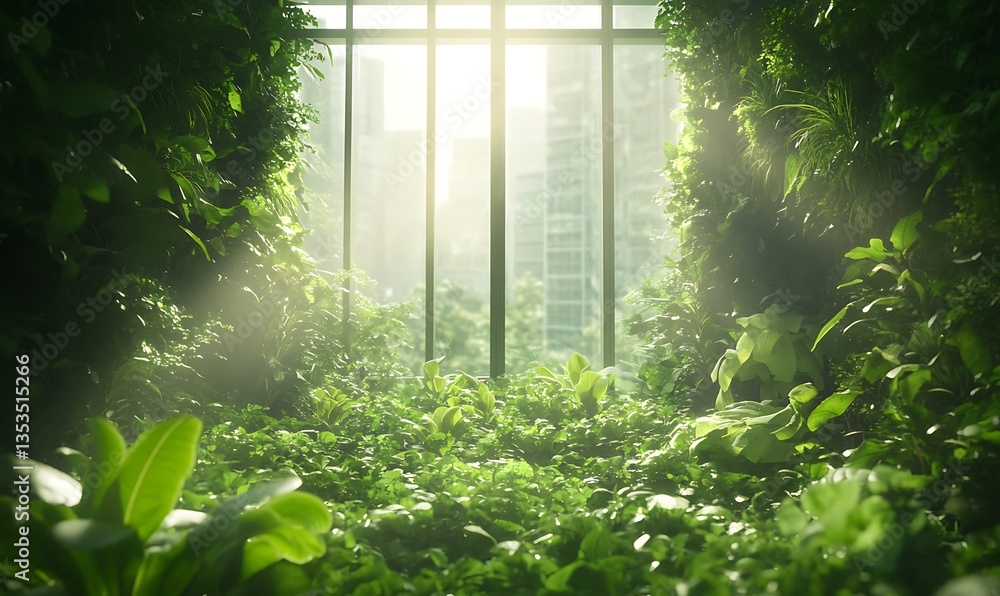 Poster lush greenery frames a bright window, contrasting nature with an urban skyline beyond.