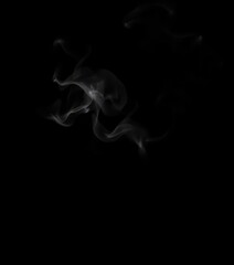 Wispy, grey smoke fragments drift against a pure black backdrop, abstract art, ethereal, smoke
