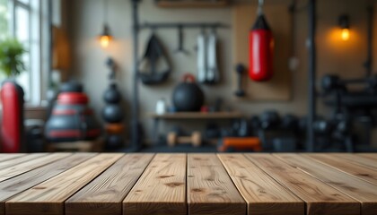 Wooden table in a gym room with a black background, emphasizing fitness and a bodybuilder's healthy lifestyle