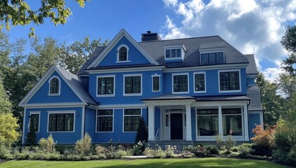 Sunny Day, Blue Colonial Home, Lush Landscaping, Cloudy Sky