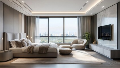 An elegantly designed modern bedroom overlooking a cityscape view