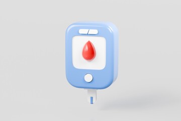 3d Glucometer icon. Medical and health, Diabetes disease concept. Minimal cartoon device check blood sugar level with glucometer and diabetic insulin pump isolated on white background. 3d render.