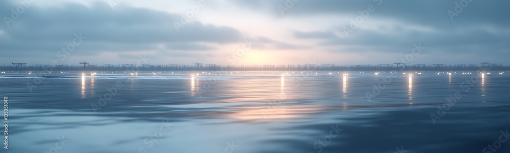 Poster serene ocean view at dawn with reflections and a calm atmosphere.