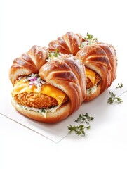 Fototapeta premium Double-decker fried chicken sandwich with melted cheese, coleslaw on a pretzel bun garnished with fresh herbs on a white surface ready to eat