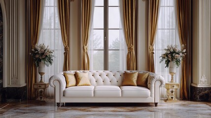 Elegant interior with a white sofa and golden drapes