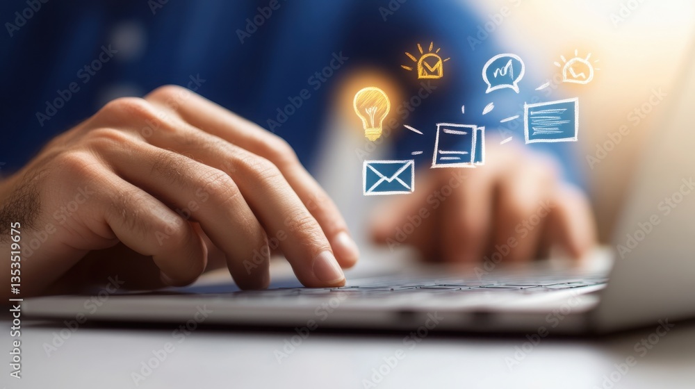 Poster Hands Typing on Keyboard with Startup Plan and Creative Sketches