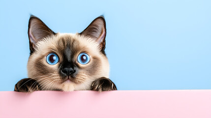 Senior Cat with Blue Eyes Peeking over Pink Wall
