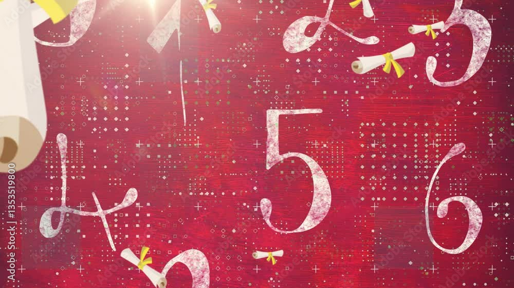 Poster animation of scrolls and numbers floating over red background with abstract patterns