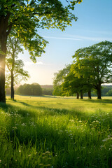 Fototapeta premium Peaceful Meadow at Golden Hour with a Clear Blue Sky and Gentle Breeze in the Background