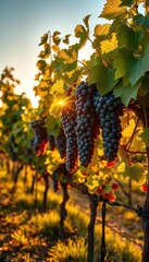 Fototapeta premium Golden hour sunlight bathes ripe grapes hanging heavy on vines in a picturesque vineyard, field, sunset, beautiful