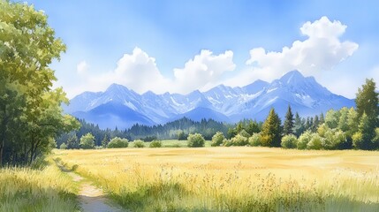 A serene landscape featuring majestic mountains, a golden field, and lush greenery under a bright blue sky with soft clouds.