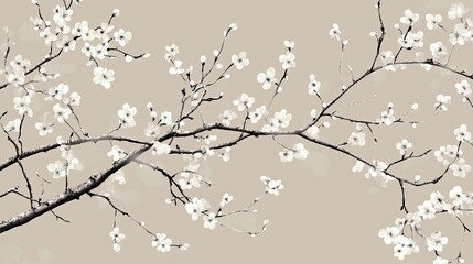 Obraz premium Branches featuring white flowers and buds on a tan background