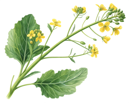 Mustard Plant with Leaves and Yellow Flowers Isolated on White Background