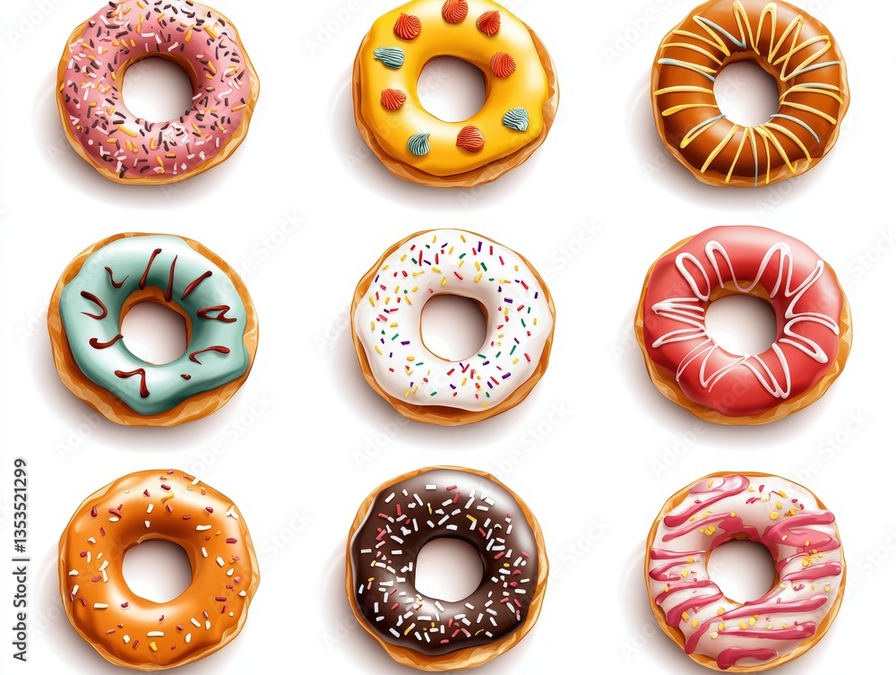 Poster a colorful grid of nine assorted donuts with unique frosting and toppings on a clean white backgroun