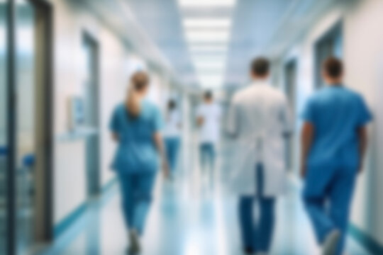 blurred for background. blurred figures of doctors and nurses in a hospital corridor. Doctors and nurses walking in hospital hallway. blurred motion. Moving human figure in the clinic corridor