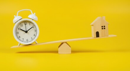 White alarm clock and wooden house on a seesaw against a bright yellow colored background studio shot.