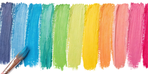 Colorful paint strokes arranged in a vibrant spectrum beside a paintbrush