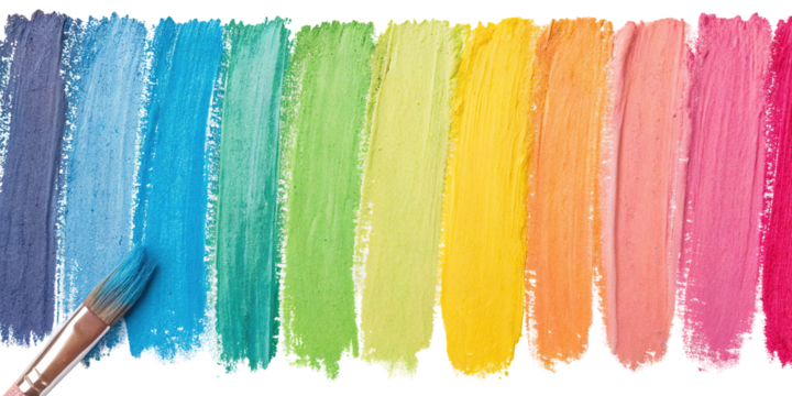 Colorful paint strokes arranged in a vibrant spectrum beside a paintbrush